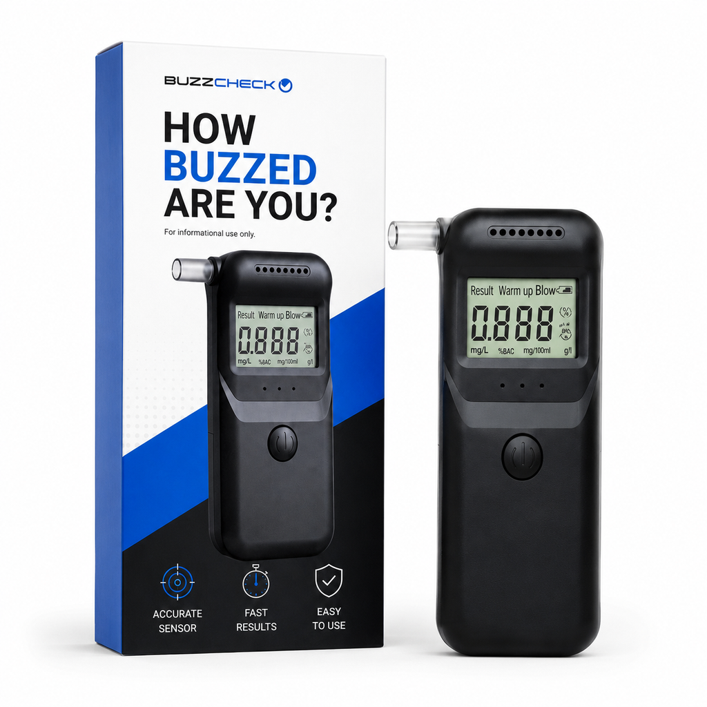 BuzzCheck Single — one breathalyser with its retail box