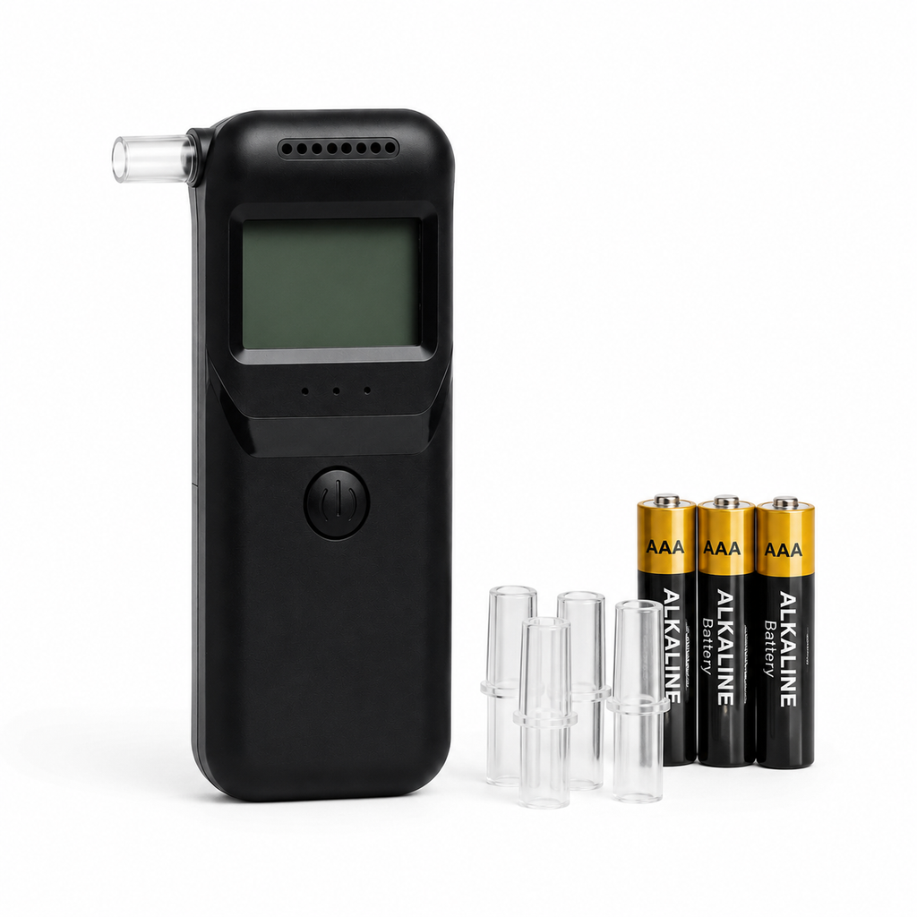 BuzzCheck breathalyzer with replaceable mouthpieces and batteries