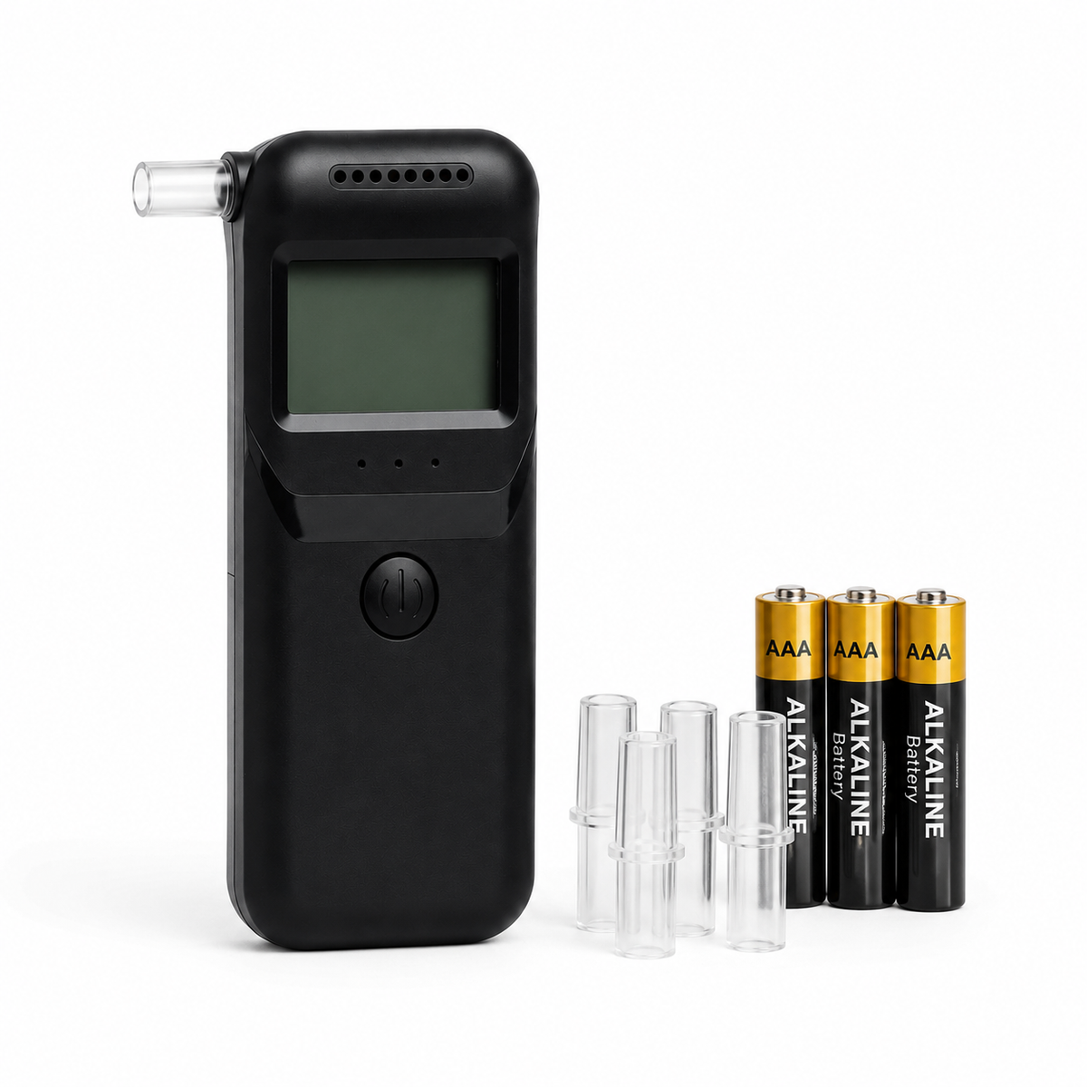 BuzzCheck breathalyzer with replaceable mouthpieces and batteries