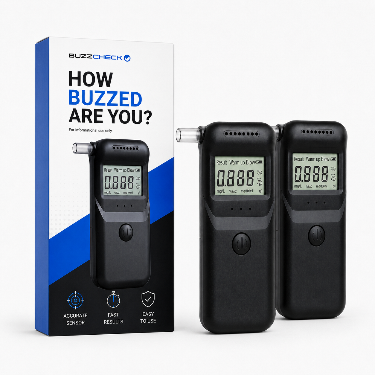 BuzzCheck 2-Pack — two pocket breathalyzers with retail packaging