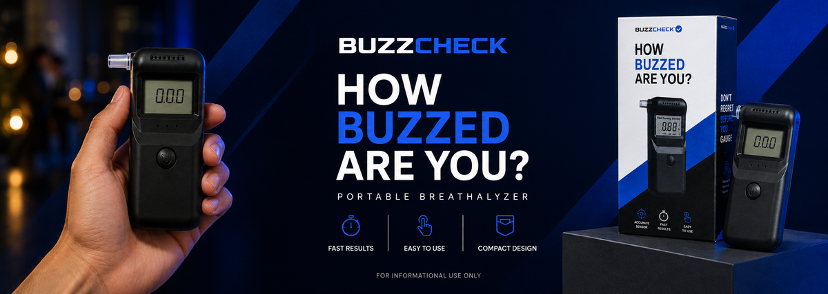 BuzzCheck pocket breathalyser held in a hand, next to its retail box — How buzzed are you?
