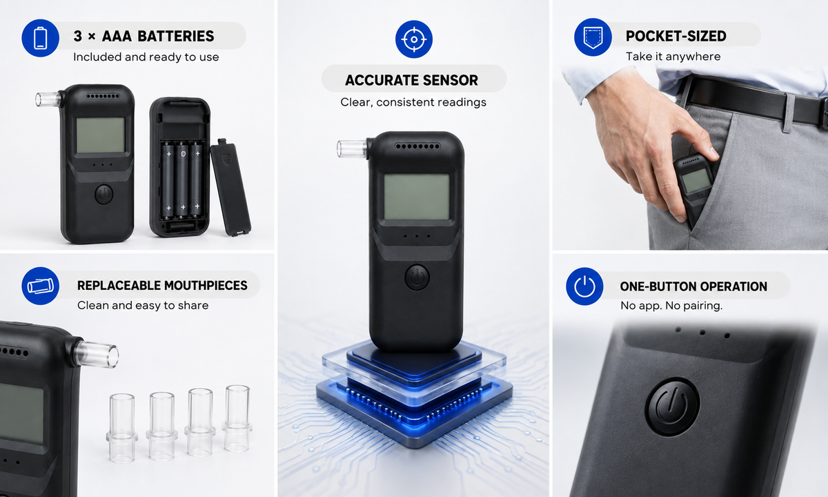 BuzzCheck key features: 3 AAA batteries included, accurate sensor, pocket-sized, replaceable mouthpieces, one-button operation