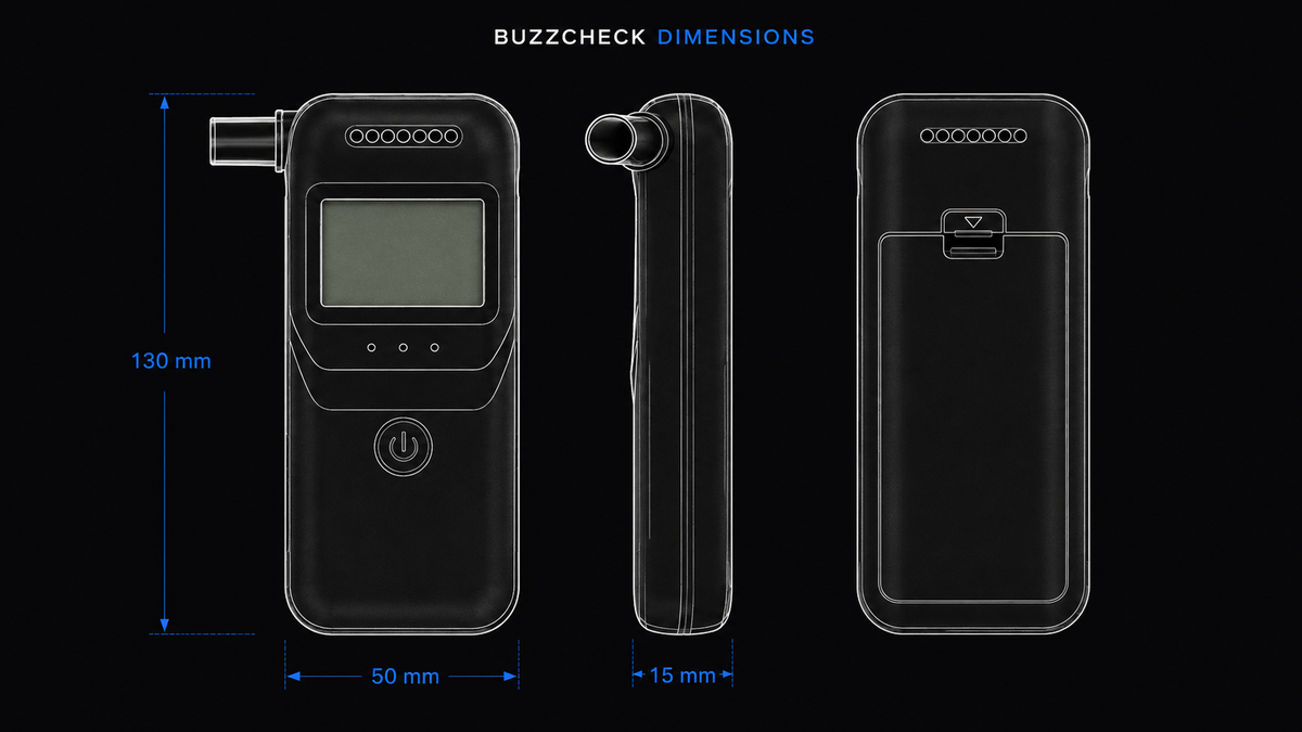 BuzzCheck dimensions diagram — front, side and rear views with measurements