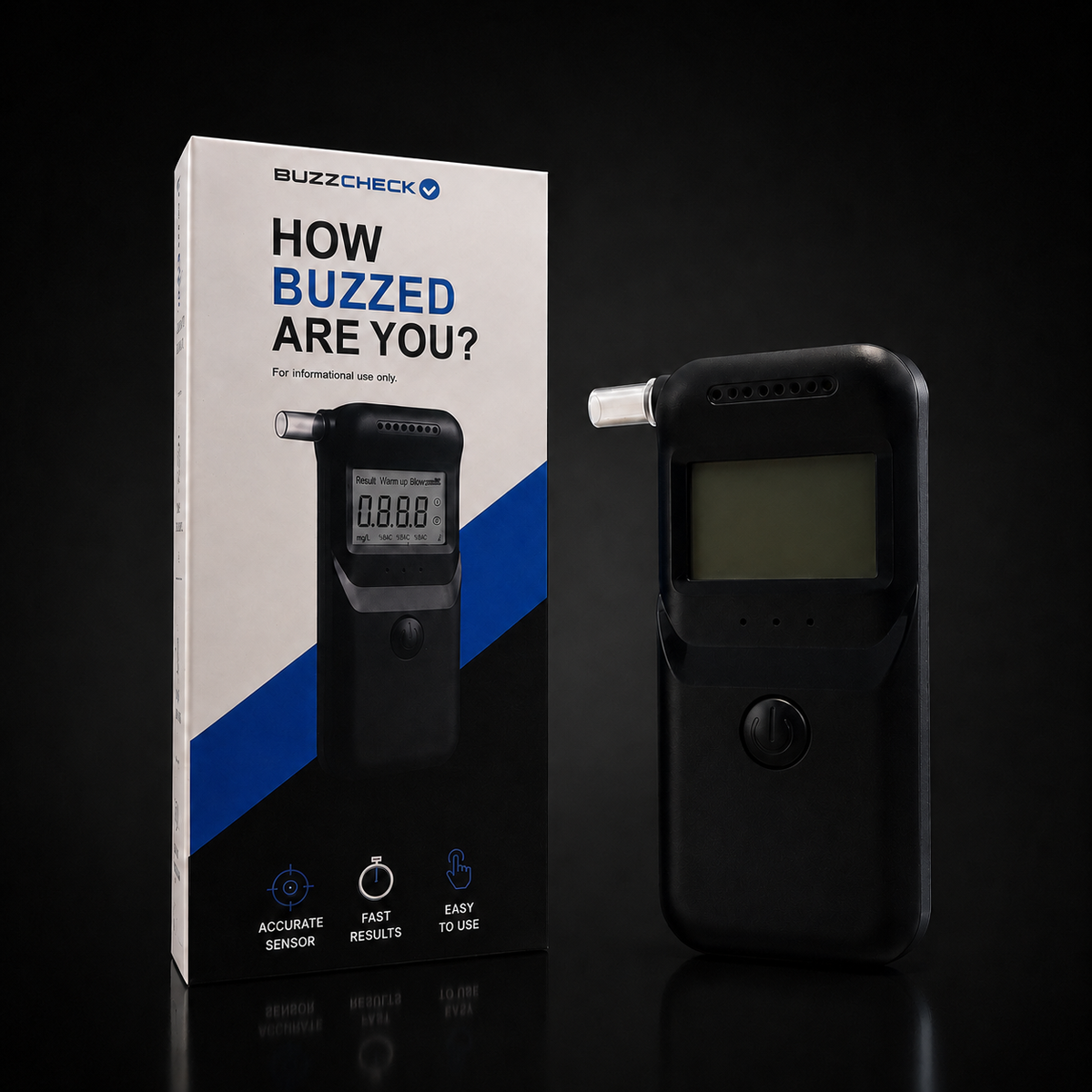 BuzzCheck breathalyser next to its retail box