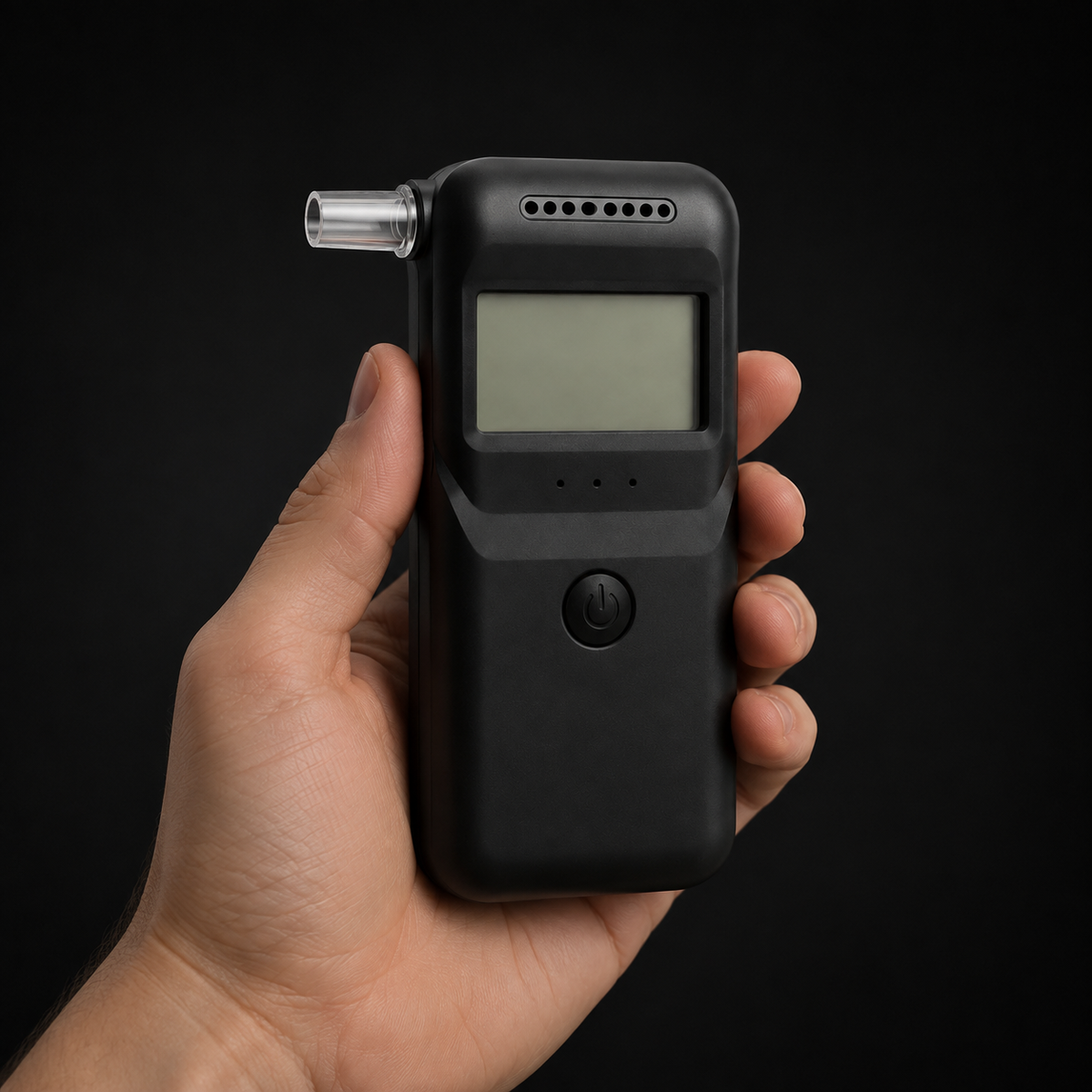 BuzzCheck breathalyser held in one hand, showing its size