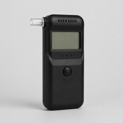 BuzzCheck pocket breathalyser, front three-quarter view on a light grey background